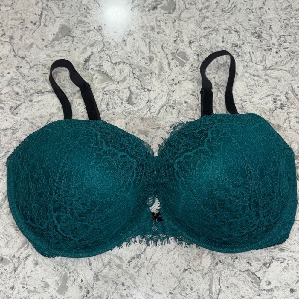 Victorias Secret Dream Angels teal & black lace push up bra 38DD floral lace